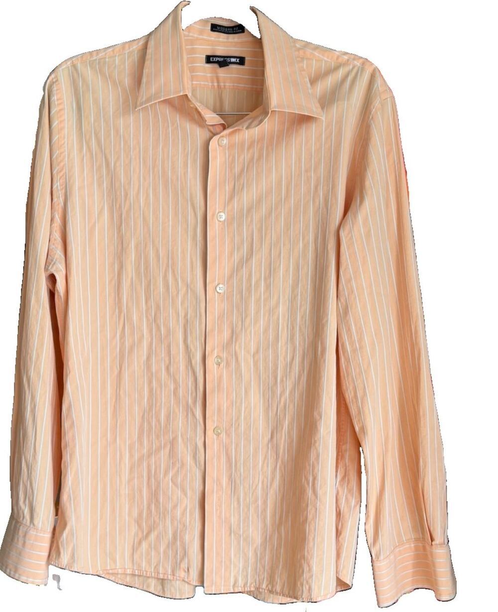Express 1MX Modern Fit Orange Striped Button Down Shirt Sz L Career Office Work